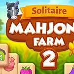 Ilustración colorida con animales de granja, bloques de frutas, y números resaltados, destacando el texto Solitaire Mahjong Farm 2
