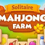 Título colorido que dice Mahjong Farm con ilustraciones de frutas, hortalizas y un cerdo en el fondo