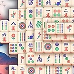 Gato de la suerte junto a un templo tradicional y piezas de mahjong superpuestas con símbolos coloridos