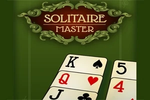 Cartas de juego sobre un fondo verde con un diseño decorativo y el texto Solitaire Master