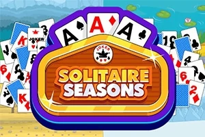 Cartas de juego con figuras de naipes en un diseño colorido con un logo que dice Solitaire Seasons en el centro