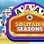 Cartas de juego con figuras de naipes en un diseño colorido con un logo que dice Solitaire Seasons en el centro