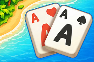 Dos cartas de naipes con ases (corazón y pica) sobre fondo de agua azul junto a una orilla arenosa con vegetación