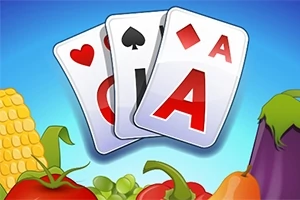 Tres cartas con símbolos de corazones, tréboles y diamantes sobre un fondo azul acompañadas de dibujos de frutas y verduras como elote, tomate y berenjena