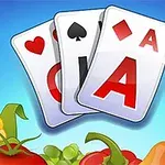 Tres cartas con símbolos de corazones, tréboles y diamantes sobre un fondo azul acompañadas de dibujos de frutas y verduras como elote, tomate y berenjena