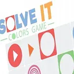 Cuadrícula con círculos y triángulos de colores en patrones, acompañada del texto Solve It Colors Game