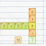Recuadro estilo cuadrícula con números y signos de suma en cajas de colores, organizados en forma de cruz sobre papel rayado