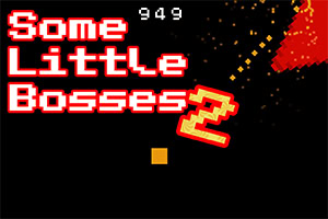 Texto pixelado rojo sobre un fondo negro que dice Some Little Bosses 2 con un diseño de elementos gráficos geométricos