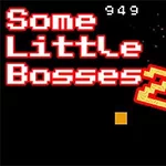 Texto pixelado rojo sobre un fondo negro que dice Some Little Bosses 2 con un diseño de elementos gráficos geométricos