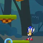 Personaje azul en un entorno de bosque con plataformas flotantes y anillos de colores