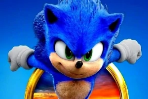 Personaje azul con guantes blancos saliendo de un anillo dorado