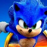 Personaje azul con guantes blancos saliendo de un anillo dorado