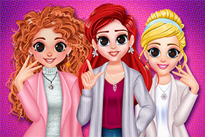 Tres personajes animados con cabello rizado y ropas coloridas posan frente a un fondo rosa vibrante