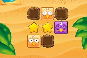 Dos bloques de personajes con expresiones diferentes, estrellas amarillas y nidos vacíos sobre un fondo de arena con hojas verdes a los lados