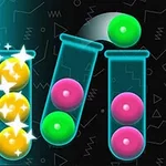 Tres tubos de ensayo transparentes con esferas de colores brillantes, incluyendo esferas amarillas, rosas y verdes, sobre un fondo negro con patrones geométricos