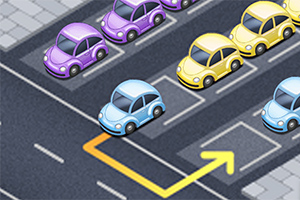 Coches de colores en un estacionamiento con una flecha amarilla indicando la salida