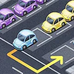 Coches de colores en un estacionamiento con una flecha amarilla indicando la salida