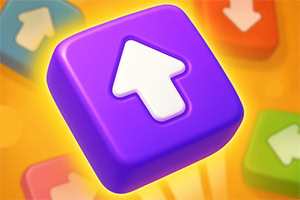 Cubo morado con una flecha blanca apuntando hacia arriba, rodeado de cubos de colores con flechas en diferentes direcciones sobre un fondo amarillo