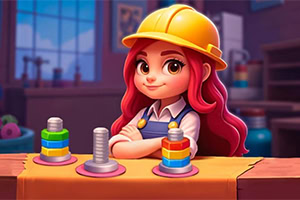 Sort Works: Nuts & Order Niña con casco amarillo y cabello rojo detrás de un mostrador con torres de discos de colores