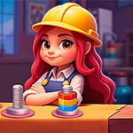Sort Works: Nuts & Order Niña con casco amarillo y cabello rojo detrás de un mostrador con torres de discos de colores