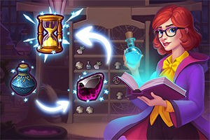 Mujer pelirroja con gafas y vestimenta púrpura sostiene un libro, rodeada de objetos como un reloj de arena, pociones y una gema en un laboratorio místico