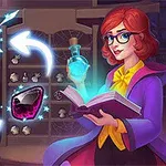 Mujer pelirroja con gafas y vestimenta púrpura sostiene un libro, rodeada de objetos como un reloj de arena, pociones y una gema en un laboratorio místico