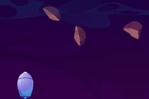 Un fondo morado con un objeto luminoso en la parte inferior y varias formas flotantes en tonos marrones arriba