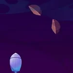 Un fondo morado con un objeto luminoso en la parte inferior y varias formas flotantes en tonos marrones arriba