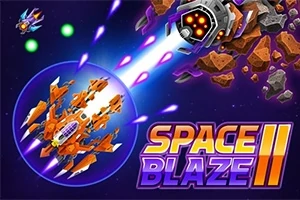 Nave espacial naranja disparando láseres en el espacio, con meteoritos y colores brillantes, junto a un título grande