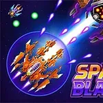 Nave espacial naranja disparando láseres en el espacio, con meteoritos y colores brillantes, junto a un título grande