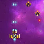 Nave espacial disparando contra pequeños enemigos en un fondo de galaxia púrpura