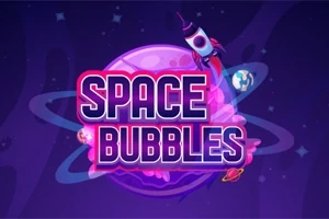 Texto Space Bubbles en frente de un planeta púrpura con un cohete y planetas pequeños alrededor