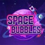 Texto Space Bubbles en frente de un planeta púrpura con un cohete y planetas pequeños alrededor