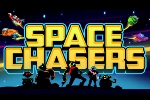 Personajes en sombras con el texto grande de SPACE CHASERS y naves coloridas volando en el espacio