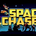 Personajes en sombras con el texto grande de SPACE CHASERS y naves coloridas volando en el espacio