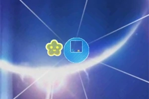 Fondo azul espacio con líneas brillantes y un icono amarillo de flor junto con un círculo azul con una cuadrícula