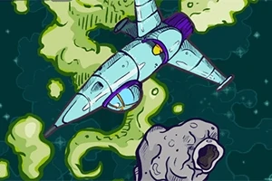Nave espacial volando cerca de un asteroide en el espacio con nebulosas verdes de fondo
