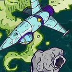Nave espacial volando cerca de un asteroide en el espacio con nebulosas verdes de fondo