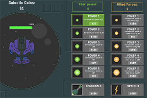 Interfaz de juego espacial con un robot púrpura y menús de poderes y fuerzas aliadas