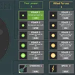 Interfaz de juego espacial con un robot púrpura y menús de poderes y fuerzas aliadas