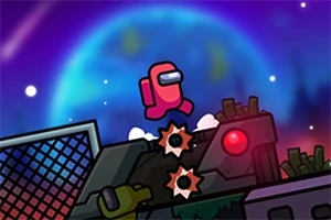 Un personaje rojo con un visor en un entorno futurista con luces neón y cielo estrellado