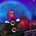 Un personaje rojo con un visor en un entorno futurista con luces neón y cielo estrellado
