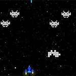 Naves espaciales pixeladas en formación sobre un fondo estrellado