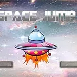 Un platillo volador con estrellas rojas y llamas abajo, entre plataformas grises, con un fondo espacial y las palabras Space Jump en la parte superior