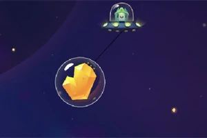 Un ovni con un ser verde flota en el espacio, conectado a una burbuja que contiene un cristal dorado