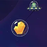 Un ovni con un ser verde flota en el espacio, conectado a una burbuja que contiene un cristal dorado
