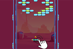 Interfaz de juego tipo rompeladrillos con bloques de colores en la parte superior y una paleta en la parte inferior, en un escenario con fondo rojo y un dedo señalando la paleta