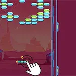 Interfaz de juego tipo rompeladrillos con bloques de colores en la parte superior y una paleta en la parte inferior, en un escenario con fondo rojo y un dedo señalando la paleta