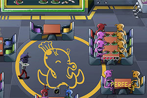 Un restaurante futurista con mesas ocupadas por criaturas coloridas y un mural de un pato amarillo en el suelo