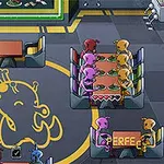 Un restaurante futurista con mesas ocupadas por criaturas coloridas y un mural de un pato amarillo en el suelo